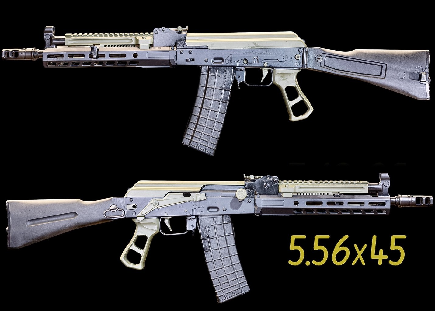 AK-102 custom AK rifle in two-tone black and OD green, 5.56 NATO with SLR handguard, built by Alpha Group Armory in Naples FL