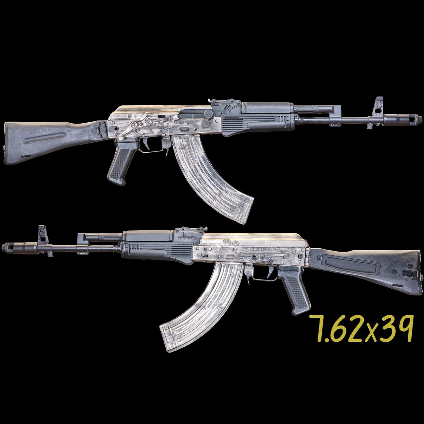 AK-103 BD custom AK rifle in FX Silver distressed Cerakote with full engraving, built by Alpha Group Armory in Naples FL
