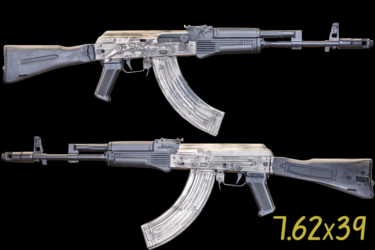 AK-103 BD custom AK rifle in FX Silver distressed Cerakote with full engraving, built by Alpha Group Armory in Naples FL