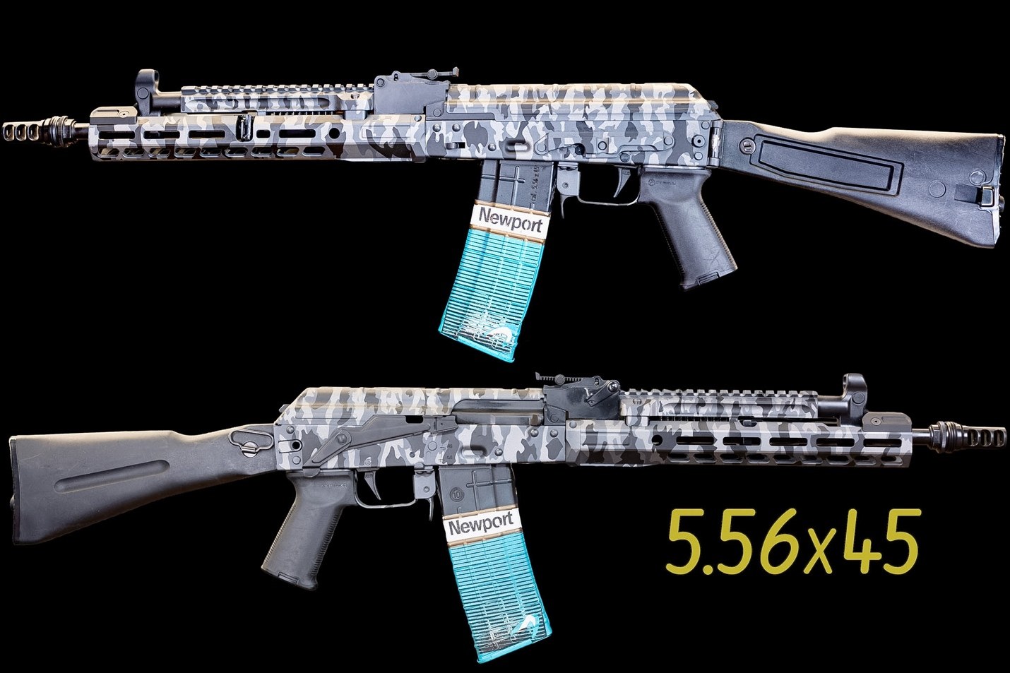 CM5.56 SF custom AK rifle in urban tiger stripe Cerakote, 5.56 NATO side folder, built by Alpha Group Armory in Naples FL