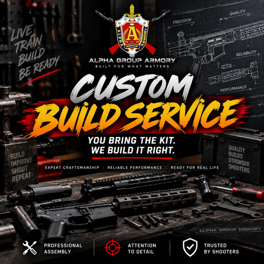 Custom Build Service banner: bring your kit and Alpha Group Armory in Naples, Florida builds it, with professional assembly and attention to detail