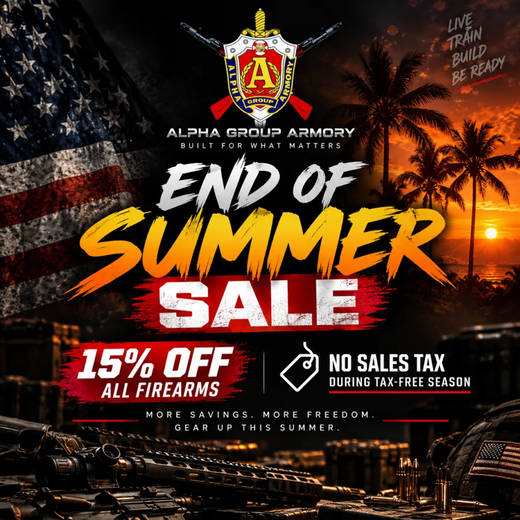 End of Summer Sale banner: 15% off all firearms and no sales tax at Alpha Group Armory in Naples, Florida